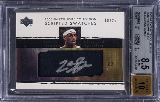 2003-04 UD "Exquisite Collection" Scripted Swatches #SS-LJ LeBron James Signed Game Used Jersey Rookie Card (#19/25) – BGS NM-MT+ 8.5/BGS 10